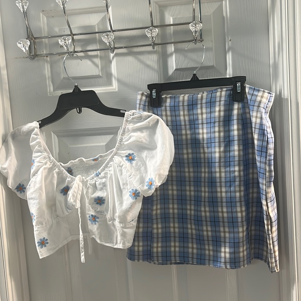 White and Blue Floral Top and Skirt Set